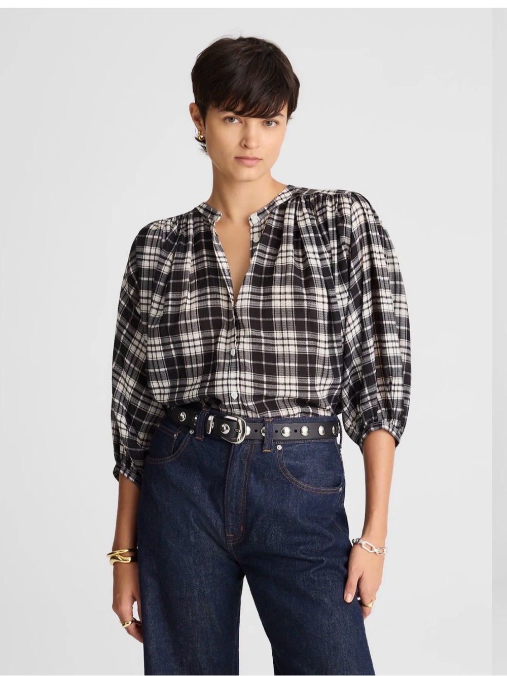 NWT Madewell Shirred Crewneck Button-up Blouse, Black & White Plaid, Size Small